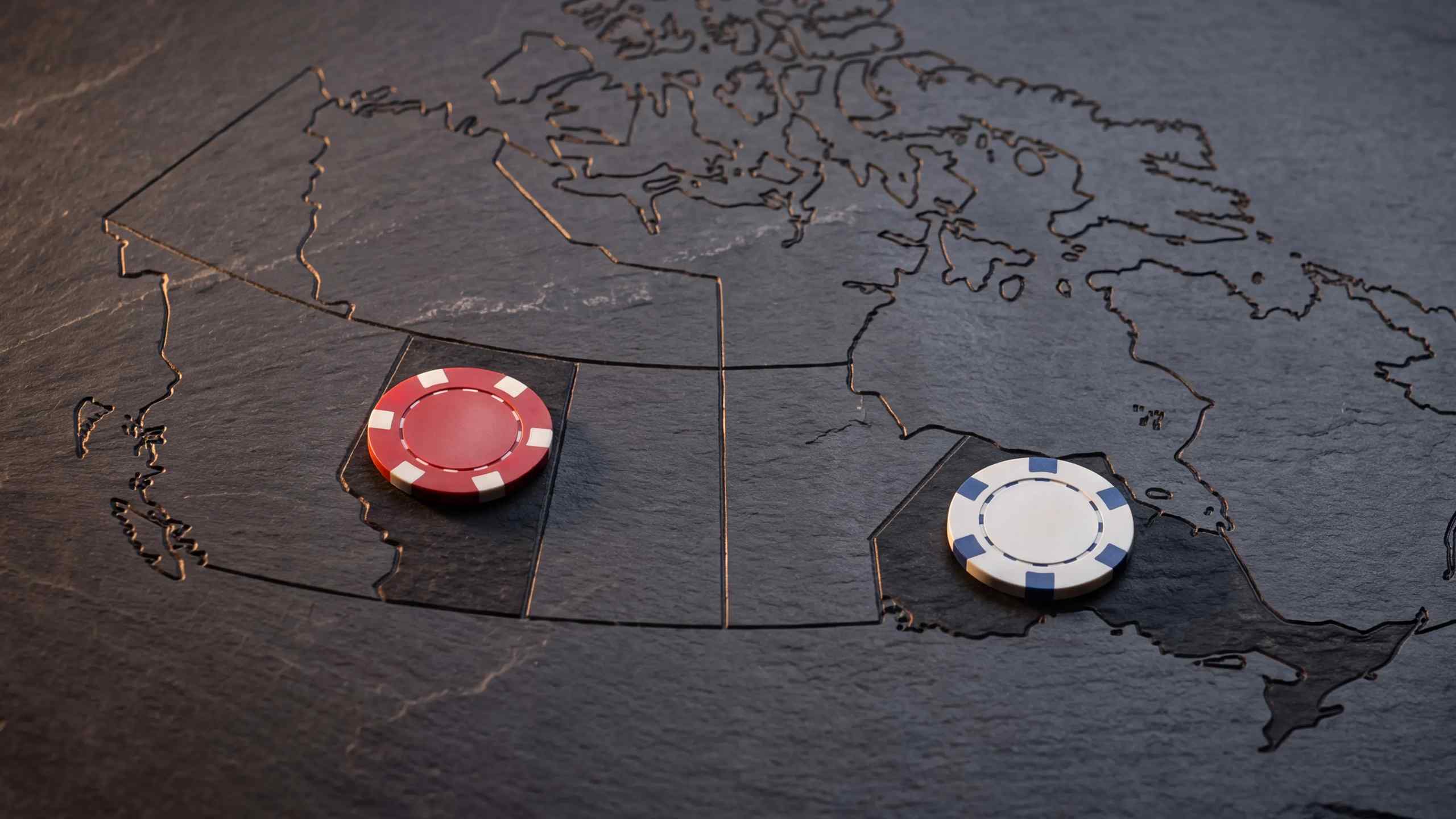 Alberta and Ontario represented on a map with casino chips.
